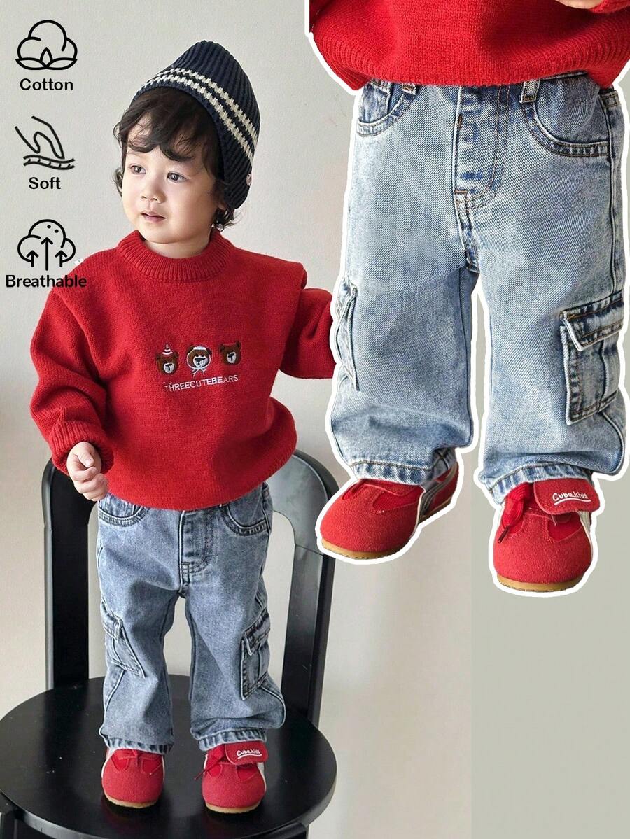 SHEIN Baby Boy Fashion Vintage Cool Blue Denim Loose Cargo Pants Fall Winter,For Baby Fall/Winter Dailywear Costume,Boys Streetwear Outfits,Halloween Outfits,Christmas Outfits,Winter Jeans,Toddler Jeans,Warm Jeans - Medium Wash - View 1