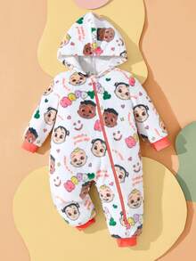 CoComelon X SHEIN Combinaison décontractée blanche à capuche, à manches longues, avec imprimé tout-sur-tout de dessin animé mignon pour bébé garçon