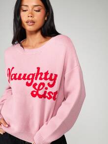 MISSGUIDED Christmas Holiday Jacquard Knit Sweater With Naughty List Script Winter Pullover - Pink - View 4