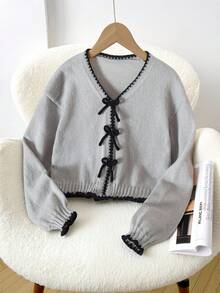 Tween Mädchen Strickjacke mit V-Ausschnitt, grau, mit Schleifen-Dekor, Langarm, kurzer Strickpullover, weich & bequem, geeignet für Frühling, Herbst, Winter, Alltag, Ausflüge, Reisen, Urlaub, Zuhause, Kinderbetreuung, Kinderspiel