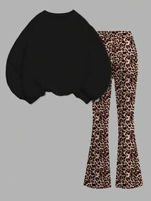 SHEIN Leap Crew Tween Girls Knit Crew Neck Letter Graphic Loose Sweatshirt And Flare Pants Casual 2 Pieces Set - Multicolor - View 3