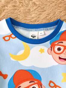 Blippi X SHEIN Young Boy 2pcs Cartoon Figure Cloud & Moon Print Crew Neck Long Sleeve Top And Leggings Knit Pajama Set - Multicolor - View 4