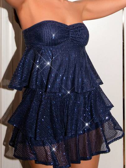 Glamine Charm New Arrival Ladies' Sequined Elegant And Sensual Backless Strapless Top With Mini Skirt Two Pieces Set Layered Tiered Cake-Style Enchanting Party Ensemble For Date Nights Ladies' Elegant Evening Gown With Sparkling Sequins