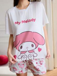 HELLO KITTY AND FRIENDS | SHEIN Bộ đồ ngủ tay ngắn cổ tròn in họa tiết hoạt hình dễ thương dành cho nữ, mùa hè - Nhiều màu - Xem 3