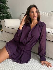Aloruh Women's Fall/Winter Elegant Purple Chiffon Layered Ruffle Hem Mini Dress With Front Tie Waist,Winter Dresses For Women,Elegant Party Dresses For Women ,Elegant Dress Women,Women Dating Dress,Women Night Out Dress,Wedding Guest Dress Women ,Sun Dresses For Women ,Elegant Dresses For Party Birthday Dresses For Women