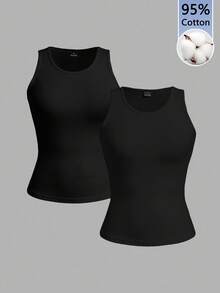 Tseoso 2pcs/Set Camisole Ketat Seksi Wanita Model Pendek, Warna Hitam Polos, Cocok untuk Musim Panas - Hitam - View 4