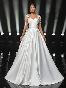 Glamrae Elegant White Spring Wedding Bridal Gown,Formal Sheer Mesh Long Sleeve Handmade Applique Lace Embroidered Satin Extra-Large A-Line Backless Dress - White - View 6