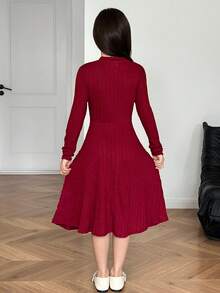 Gaun Midi Anak Perempuan Remaja Elegan dengan Kerah Tegak, Tekstur Rajutan Aran Stitch, Hem Bergelombang, Model Fit & Flare, Warna Merah Anggur, Cocok untuk Natal, Halloween, Tahun Baru - Burgundy - View 2