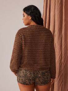 Rustia Plus Size Women Knitted Cardigan, Casual Comfortable Minimalist Button Up Sweater Jacket, Autumn/Winter - Brown - View 6