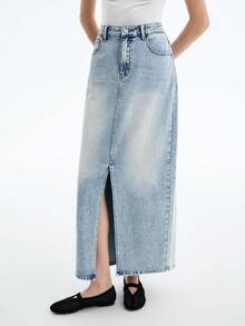 Aalyst 女式口袋开衩直筒休闲牛仔长裙 - 淺色水洗藍 - 查看 3