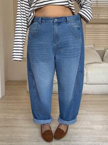 SHEIN CURVE+ 大码女式高腰口袋宽松锥形休闲牛仔裤，圣诞牛仔，圣诞节，新年，新年，大码牛仔裤，曲线修身牛仔裤，超大牛仔裤，松紧腰牛仔裤，宽松牛仔裤，锥形牛仔裤，9/10长度牛仔裤，卷边牛仔裤，多口袋牛仔裤，宽松牛仔裤，高腰大码牛仔裤，圣诞牛仔，冬季休闲牛仔裤，假日旅行牛仔裤，舒适大码裤装，节日牛仔裤，日常曲线牛仔裤，休闲通勤牛仔裤，户外风格牛仔裤，轻松牛仔裤，极简牛仔裤，法式休闲大码裤装，低调奢华牛仔裤，日常舒适牛仔裤，大码日常牛仔裤，曲线休闲牛仔裤，大码工作裤，妈妈牛仔裤，适合曲线身材的牛仔裤，曲线友好牛仔裤，舒适大码牛仔裤，大码锥形卷边牛仔裤，高弹宽松版型，适合身材丰满的女性，休闲复古风牛仔裤，尺码 8XL - 藍色 - 查看 6