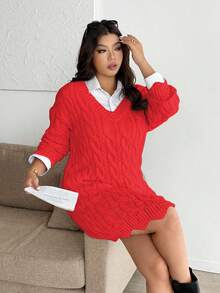 Vionelle Plus Size V-Neck Wavy Hem Drawstring Cable Knit Pattern Long Sleeve Sweater Dress, Solid Color, Casual & Fashionable For Autumn/Winter - Red - View 3