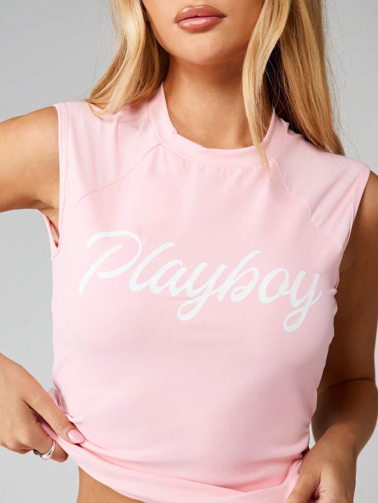Missguided x Playboy Sleeveless Athletic Tank Top With Script Logo Print For Workout And Casual Wear