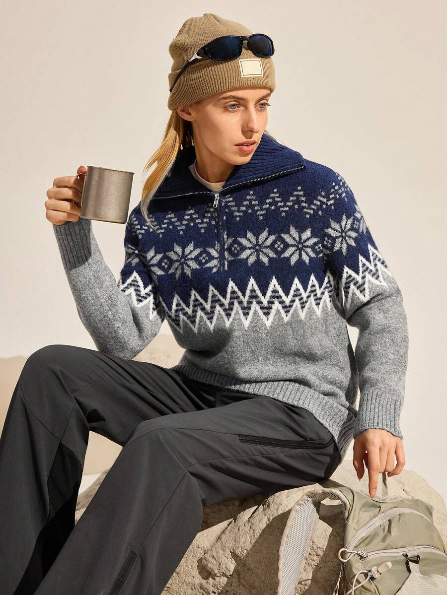 Exploreva Damtröja med snöflingmönster och långärmad dragkedja och halv knappslå