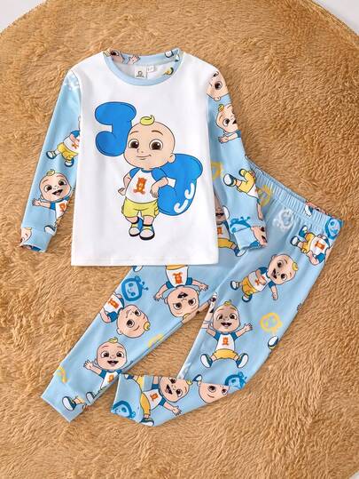 CoComelon X SHEIN 2pcs/Set Young Boy Cute Cartoon Graphic Round Neck Long Sleeve Top And Pants Casual Snug Fit Pajama Set