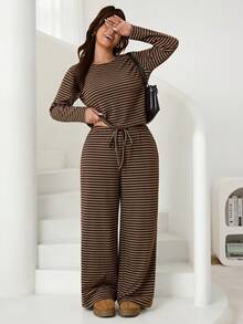 Solflare Plus Size Women Striped Round Neck Long Sleeve T-Shirt And Waist Tie Wide Leg Pants Casual 2 Pieces Set - Multicolor - View 1