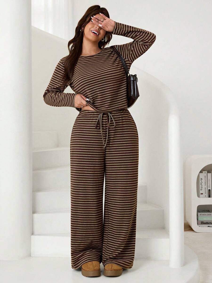 Solflare Plus Size Women Striped Round Neck Long Sleeve T-Shirt And Waist Tie Wide Leg Pants Casual 2 Pieces Set - Multicolor - View 1
