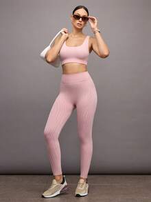 Activina 女式高腰条纹休闲日常健身紧身裤 - 粉色 - 查看 4