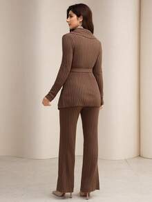 Modelyn 女士简约纯色系带长袖针织开衫和针织裤套装 - 駝色 - 查看 2