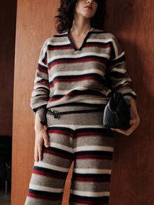 Franclia Set de două piese pentru femei, minimalist, casual, versatil, cu dungi, decolteu în V, tricotat, top și pantaloni, pulover elegant tricotat cu mânecă lungă și umeri căzuți, cu manșete crăpate