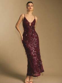 Poéselle 女式花卉亮片镂空紧身性感优雅中长款吊带裙 - 酒紅色 - 查看 4