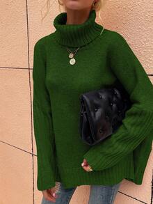 Chiquease Women Casual High Collar Solid Color Drop Shoulder Loose Sweater For Autumn/Winter For New Year Clothes - Green - View 6