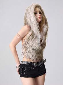 ROMWE EDITION Y2K性感孔雀仿毛皮露背连帽女式上衣 - 淺灰色 - 查看 7