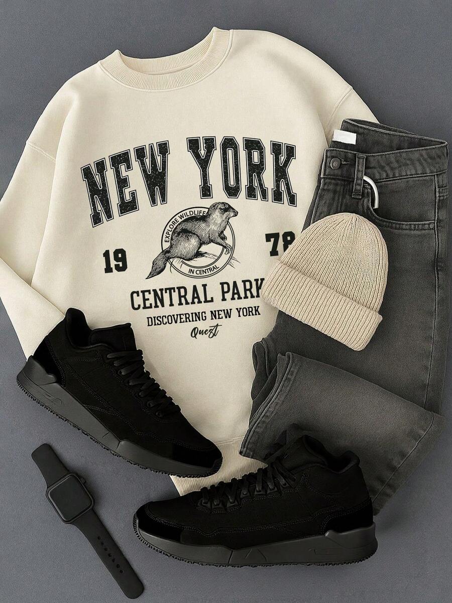 Manfinity Dauomo 男士休闲字母图案圆领运动衫，秋季 - 卡其色 - 查看 1