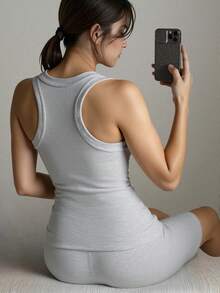 Set de 2 tops sin mangas de mujer acanalados y cortos con cuello redondo, casuales - Gris - Ver 2