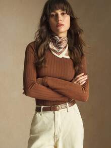 BizChic 2025秋冬新款芥末棕色纹理针织圆领女上衣，别致都市优雅浪漫办公室通勤商务休闲工作服，适合正式场合、办公室、婚礼、派对、音乐会、日常穿着、万圣节、圣诞节、国庆节、新年 - 咖啡棕 - 查看 5