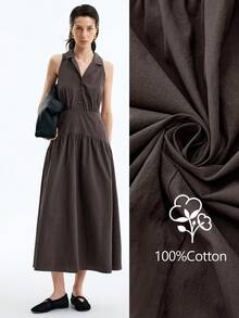 Aalyst 女士优雅时尚通勤休闲舒适迷人复古简约高端度假无袖翻领收腰 A 字纯色连衣裙