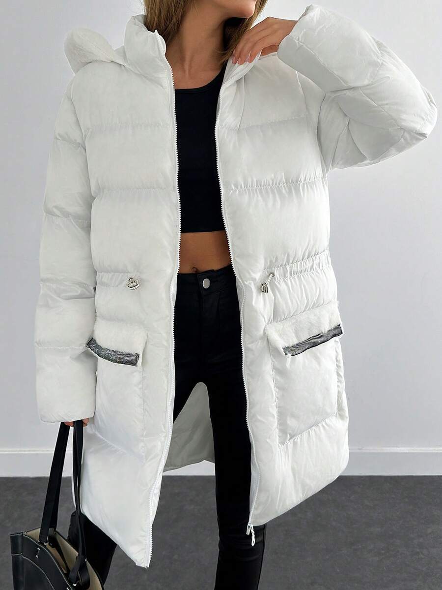 EURMUSE Premium Quality, Keep Warming Feature, Fur Pocket Detailed With Shinny Embellishemnt, Winter Coat - White - View 1