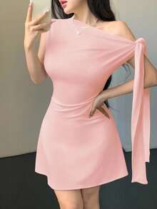 Celisse Vestido corto asimétrico con nudo en la cintura para mujer - Rosa - Ver 4
