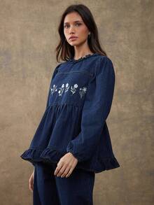WESTFADE Round Neck Long Puff Sleeve Floral Embroidered Tiered Ruffle Fit & Flare Cotton Blend Denim Babydoll Top Fall, Autumn, Winter, Boho, Casual, Cute, Country Western Wear