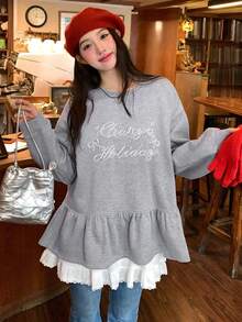 DAZY Sudadera casual con cuello redondo, decoración de perlas y forro térmico para mujer, para otoño/invierno - Gris - Ver 6