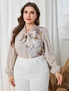 Lacomfia Elegante Bluse mit Schleifen-Kragen und Puffärmeln, künstlerisch bedruckter Patchwork-Top in hellem Beige/vielseitig Lässig - Aprikosenfarben - Übersicht 3