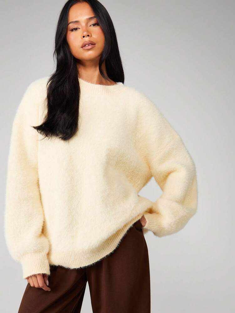 MISSGUIDED Suéter Oversized de Gola Redonda Felpudo para Inverno e Outono, Tricô Grosso e Aconchegante