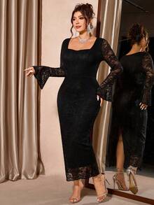 Cravure 大码女式方领长袖修身蕾丝连衣裙，百搭，时尚，优雅，修身，适合秋冬季