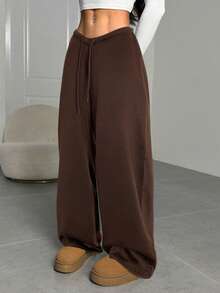 SHEIN EZwear 女士休闲宽松阔腿棕色运动裤，适合毕业典礼、返校、女教师、秋冬季穿着。 - 棕色 - 查看 3