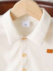 男童罗纹领休闲长袖衬衫，带小刺绣补丁，春秋 - 杏色 - 查看 4