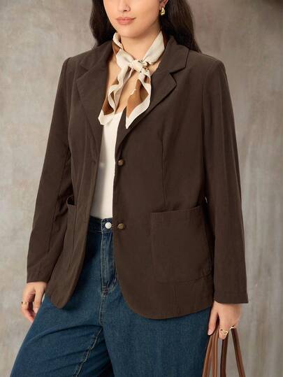 Juhart 大码女式休闲日常舒适灯芯绒罗纹金属扣装饰翻领西装外套，适合购物、聚会、通勤