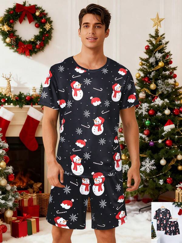 Velminro Christmas Family Cartoon Pattern Men's Christmas Snowman Print Short Sleeve Top & Shorts Pajama Set  Coupled Up Christmas Santa Reindeer Print Satin Lapel Long Sleeve Pajama Set For Men, Fall Clothes Matching Couple Pajama Set Christmas Pajamas Couple Men Pjs Christmas Pjs Men Snowman Pajama Set Men Pajama Set Men Christmas Pajamas