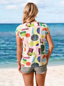 Sylviya Women's Fashion Colorful Printed Short Sleeve Shirt,Short Sleeve Tops