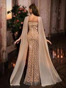 Glamrae Elegant Apricot Luxurious Three-Dimensional Sequined Satin Stitching Tube Top With Cross-Shoulder Halter Neck And Floating Pieces, High Waist And Slim Straight-Cut Hip-Hugging Maxi Dress, Suitable For Dating, Vacation, Bachelorette Party, Wedding Event, Christmas And New Year's Elegant And Gorgeous Evening Dress