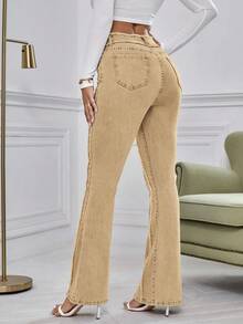 SHEIN Essnce 女式休闲街头风牛仔裤，带口袋 - 卡其色 - 查看 2