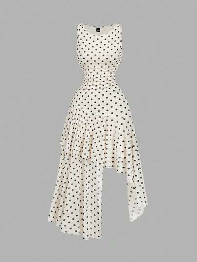 SHEIN MOD Apricot And Black Polka Dot Asymmetrical Hem Long Dress – Asymmetric, Slit, Ruffles, Vintage 70s, Y2K, Date, Party, Court, Festive, Birthday, Prom, Back-To-School Preppy, Business Casual Women's Office Suit, Professional, Vintage Luxury Style, Commuter Wear,Winter Clothes ,Christmas Outfit,New Year Outfit,Thanksgiving Outfit For Women,Graduation Dress