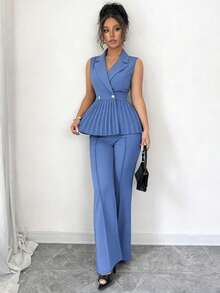 Elenzga 2件套优雅浪漫褶皱A字无袖女士西装套装 - 霧霾藍 - 查看 4