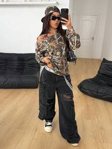 Coolane 女士秋冬街头服饰外出节复古 Y2K 基本款豹纹缺口弹力长袖 T 恤 - 軍綠色 - 查看 6