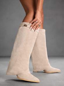 CUCCOO SZL Women's Pointed Toe Chunky Heel Suede Western Boots, Slim Fit Tall Boots For Christmas