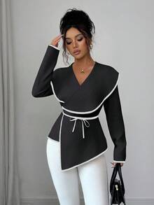 Elenzga 女式交叉V领长袖修身收腰撞色拼接优雅衬衫 - 黑色 - 查看 6